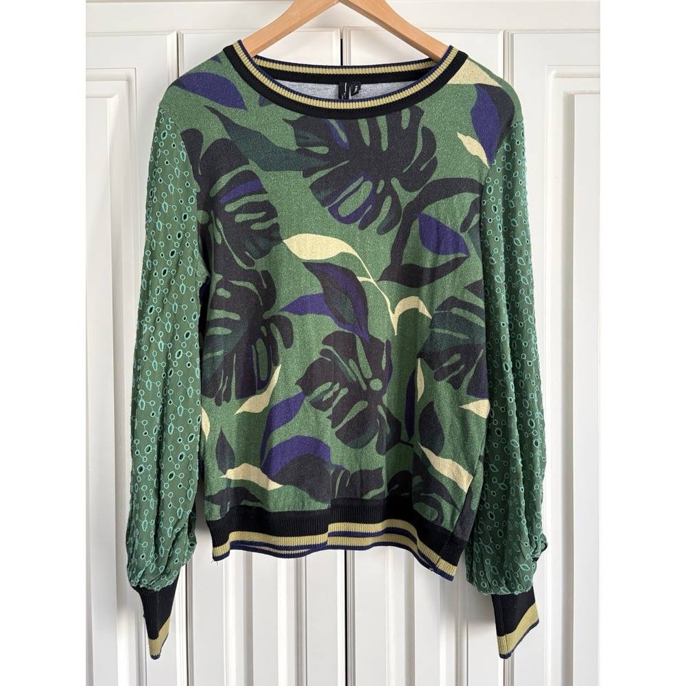 Blank London Anthropologie Blouse XS Green Leaf Print Eyelet Balloon Sleeves